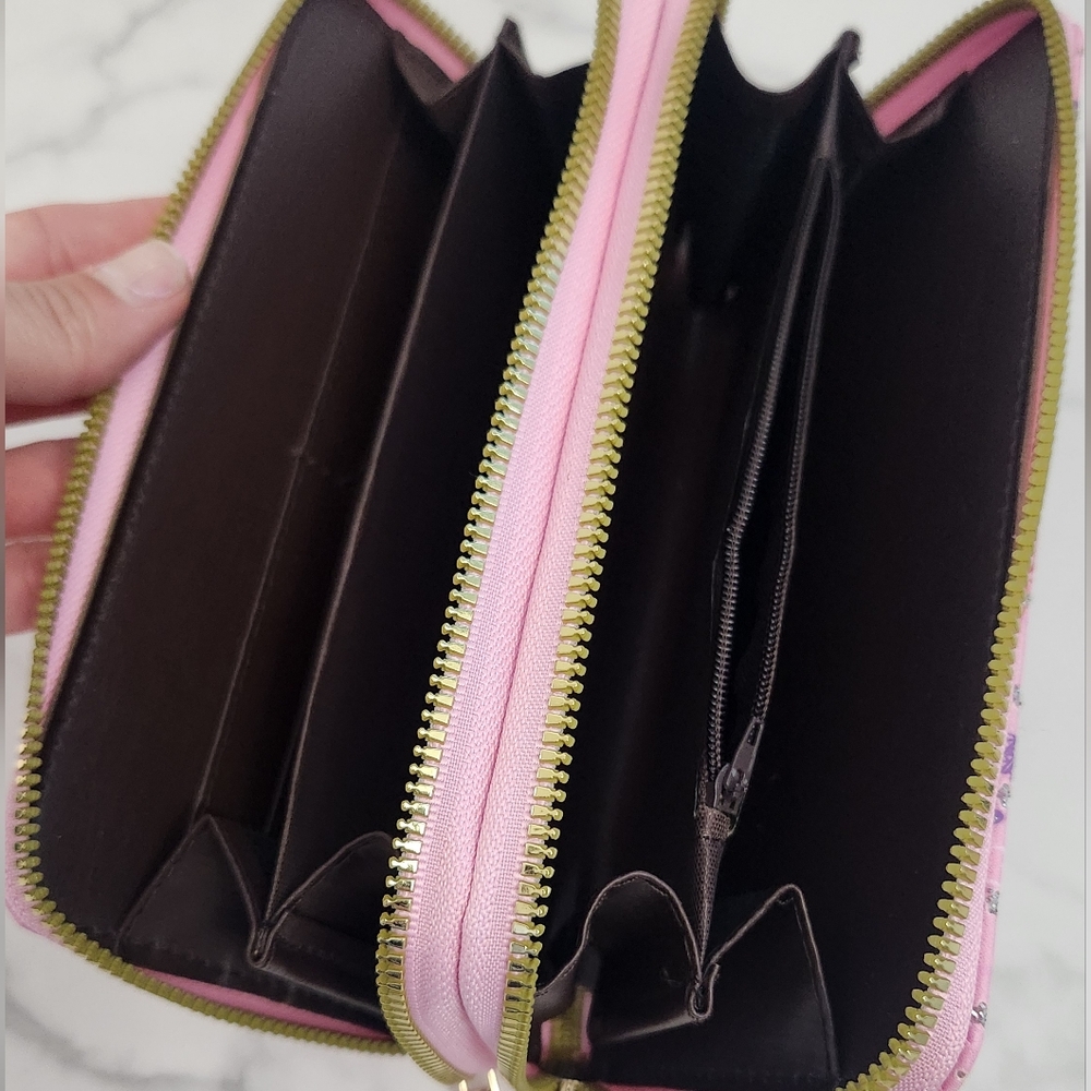 Pink Blush Kiss Glitter Paris Eiffel Tower Print Two Zipper Women's Wallet - Picture 12 of 14